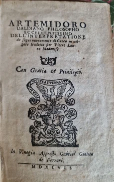 Portada libro : Artemidoro Daldiano philosopho eccellentissimo Dell'interpretatione de sogni