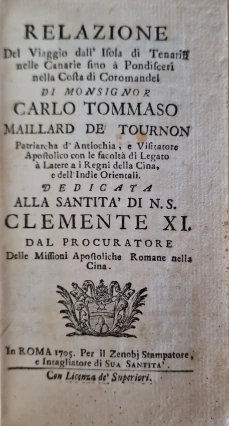 Portada libro : Relazione del viaggio dall Isola di Tenariff nelle Canarie sino à Pondisceri nella costa di Coromand...