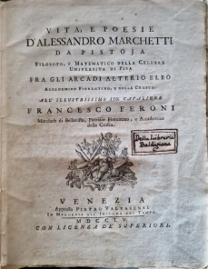 Portada libro : Vita e poesie d'Alessandro Marchetti da Pistoja