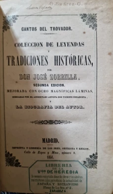 Portada libro : Cantos del trovador. Colección de leyendas y tradiciones históricas.