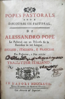 Portada libro : Pope's Pastorals and a discourse on pastoral si Alessandro Pope. Le pastorali con un discorso su la....