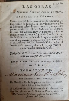 Portada libro : Las obras del maestro Fernán Pérez de Oliva natural de Cordova ... : y juntamente quince Discursos ...