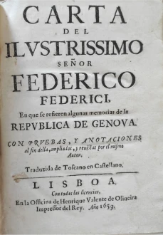 Portada libro : Carta del ilustrisiomo señor Federico Federici, en que se refieren algunas memorias de la Republica ...