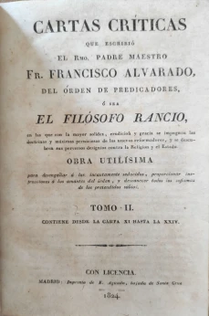 Portada libro : Cartas críticas que escribió el Rmo. Padre Maestro Fr. Francisco Alvarado, del Orden de Predicadore...