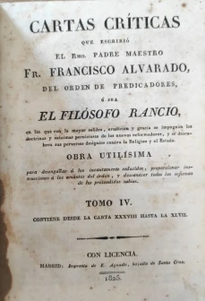 Portada libro : Cartas críticas que escribió el Rmo. Padre Maestro Fr. Francisco Alvarado, del Orden de Predicadore...