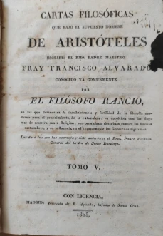 Portada libro : Cartas filosóficas que bajo el supuesto nombre de Aristóteles escribió el Rmo. Padre Maestro Fr. F...