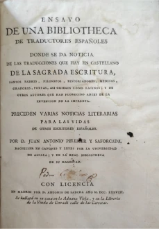 Portada libro : Ensayo de una bibliotheca de traductores españoles. Donde se da noticia de las traducciones que hay ...