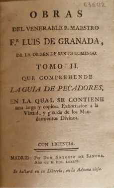 Portada libro : Obras del venerable P. Maestro Fr. Luis de Granada de la Orden de Santo Domingo. Tomo Segundo