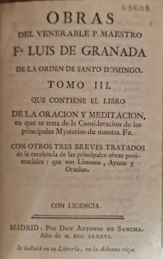 Portada libro : Obras del venerable P. Maestro Fr. Luis de Granada de la Orden de Santo Domingo. Tomo Tercero