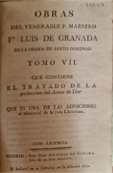 Portada libro : Obras del venerable P. Maestro Fr. Luis de Granada de la Orden de Santo Domingo. Tomo Séptimo
