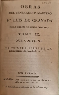 Portada libro : Obras del venerable P. Maestro Fr. Luis de Granada de la Orden de Santo Domingo. Tomo Noveno