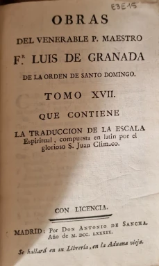 Portada libro : Obras del venerable P. Maestro Fr. Luis de Granada de la Orden de Santo Domingo. Tomo Diecisieteavo