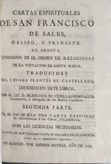 Portada libro : Cartas Espirituales De San Franciscode Sales... fundador del Orden de Religiosas de la Visitación de...