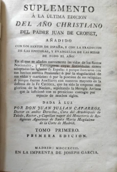 Portada libro : Suplemento á la última edición del año christiano del Padre Juan de Croiset. Añadido cos los san...