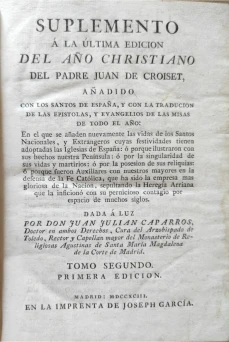 Portada libro : Suplemento á la última edición del año christiano del Padre Juan de Croiset. Añadido cos los san...