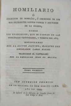 Portada libro : Homiliario, ó coleccion de homilias, ó sermones de los mas excelentes Santos Padres y Doctores de l...