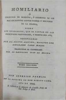 Portada libro : Homiliario, ó coleccion de homilias, ó sermones de los mas excelentes Santos Padres y Doctores de l...