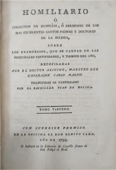 Portada libro : Homiliario, ó coleccion de homilias, ó sermones de los mas excelentes Santos Padres y Doctores de l...