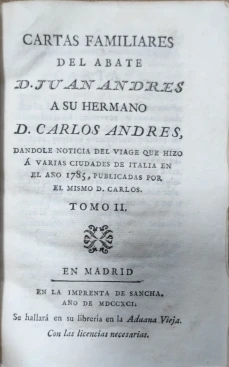 Portada libro : Cartas familiares del abate D. Juan Andrés a su hermano D. Carlos Andrés, dandole noticia del viage...