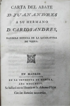 Portada libro : Cartas familiares del abate D. Juan Andrés a su hermano D. Carlos Andrés, dandole noticia de la lit...