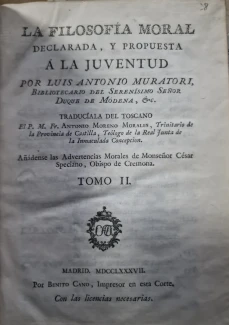 Portada libro : La filosofia moral : declarada, y propuesta a la juventud . Tomo II.