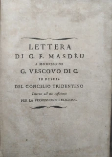 Portada libro : Lettera di G.F. Masdéu a monsignor G. Vescovo Di C. in difesa del Concilio Tridentino Intorno all et...