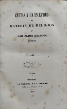 Portada libro : Cartasa un escéptico en materia de religión. Por Jaime Balmes.