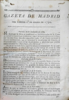 Portada libro : Gazeta de Madrid del viernes 1 de enero de 1790. Núm. 1