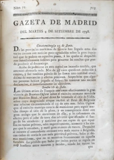 Portada libro : Gazeta de Madrid del martes 4 de septiembre de 1798. Núm. 71