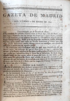 Portada libro : Gazeta de Madrid del viernes 2 de enero de 1801. Núm. 1