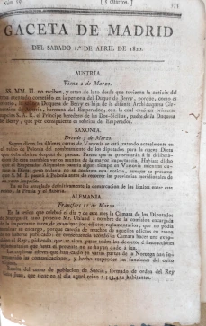 Portada libro : Gazeta de Madrid del sábado 1 de abril de 1820. Núm. 59
