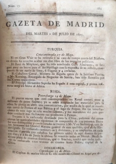 Portada libro : Gazeta de Madrid del martes 3 de julio de 1805. Núm. 53