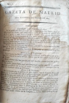 Portada libro : Gazeta de Madrid del viernes 2 de enero de 1807. Núm. 1