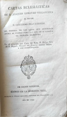 Portada libro : Cartas eclesiásticas de D. Joaquín Lorenzo Villanueva al doctor D. Guillermo Díaz Luzeredi en defe...