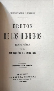 Portada Libro : Bretón de los Herreros: estudio crítico. Por el Marqués de Molins