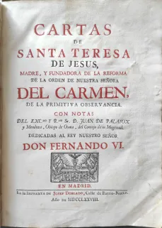 Portada Libro : Cartas de Santa Teresa de Jesús de la orden de nuestra Señora del Carmen. Con notas del Sr D. Juan ...