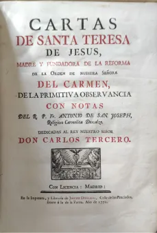 Portada Libro : Cartas de Santa Teresa de Jesús fundadora del Carmen. Con notas del R. P. Fr. Antonio de San Joseph