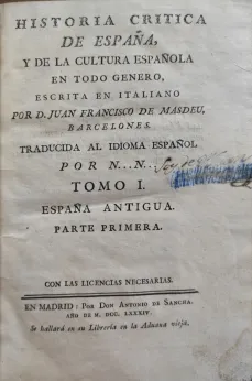 Portada Libro : Historia crítica de España, y de la cultura española. En todo genero. Escrita en italiano por D. J...