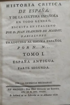 Portada Libro : Historia crítica de España, y de la cultura española. En todo genero. Escrita en italiano por D. J...
