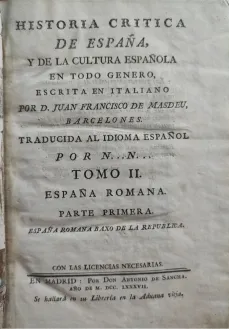Portada Libro : Historia crítica de España, y de la cultura española. En todo genero. Escrita en italiano por D. J...