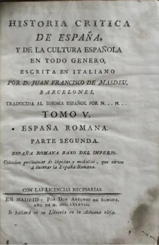 Portada Libro : Historia crítica de España, y de la cultura española. En todo genero. Escrita en italiano por D. J...
