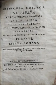 Portada Libro : Historia crítica de España, y de la cultura española. En todo genero. Escrita en italiano por D. J...