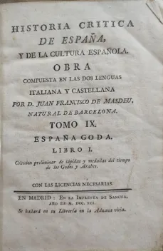 Portada Libro : Historia crítica de España, y de la cultura española. Obra compuesta en las dos lenguas italiana y...