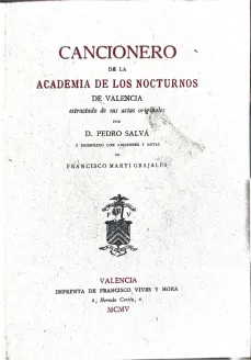 Portada libro : Cancionero de la Academia de los Nocturnos de Valencia