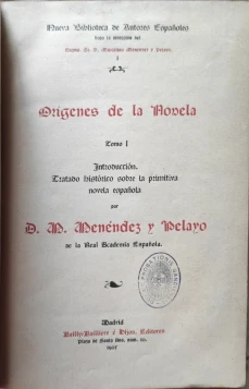 Portada libro : Origenes de la noela. Tomo I. Introducción . Tratado sobre la primera novela española.