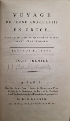 Portada libro : Voyage de Jeune Anacharsis en Grèce, dans le milieu du quatrième siècle avant l'ere vulgaìre. To...