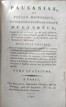 Portada libro : Pausanias, ou Voyage historique, pittoresque et philosophique de le Grèce. Tome quatrieme.