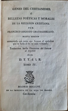 Portada libro : Genio del Cristianismo o Bellezas Poéticas y MIVorales de la Religión Cristiana. Tomo IV