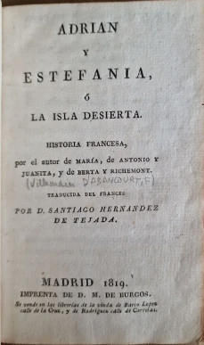 Portada libro : Adrian y Estefanía, ó La isla desierta : historia francesa