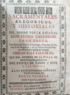 Portada libro : Autos sacramentales alegoricos y historiales del insigne poeta español Don Pedro Calderon de la Barc...